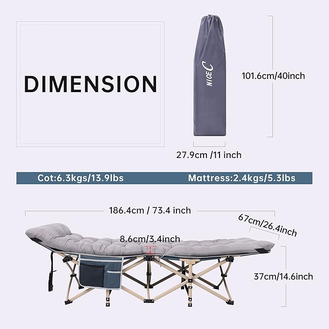 Nice C Camping Cots with Cushion, Camping Cots with Mattress, for Adults, Folding Cot, with Pillow, Carry Bag & Storage Pocket, Extra Wide Sturdy, Holds Up to 500 Lbs (2, Mattress Grey)