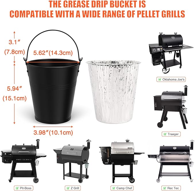Drip Bucket and 15-Pack Disposable Foil Liners for Oklahoma Joe's, Traeger, Pit-Boss, Z Grill, Camp Chef, Grill Grease Liner Fits Most Offset Smoker, Rec Tec Pellet Grill Bucket, Black