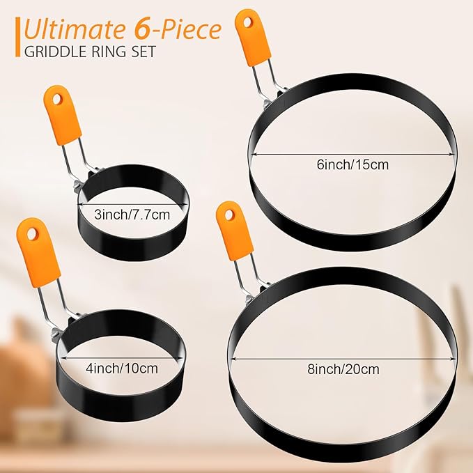 Yaomiao 12 Pcs Egg Rings for Frying Eggs Nonstick Pancake Mold Stainless Steel Egg Mold Portable Round Shaper with Handle for Cooking Griddle Camping Breakfast(3 Inch, 4 Inch, 6 Inch, 8 Inch)