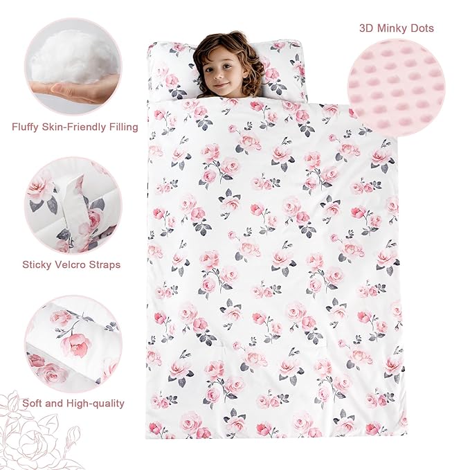 PHF Toddler Nap Mat with Removable Pillow and Minky Fleece Blanket, Rollup Design Warm Slumber Bags for Girls, 52"x20"x2" Kids Sleeping Bag for Daycare Preschool Travel Camping, Floral