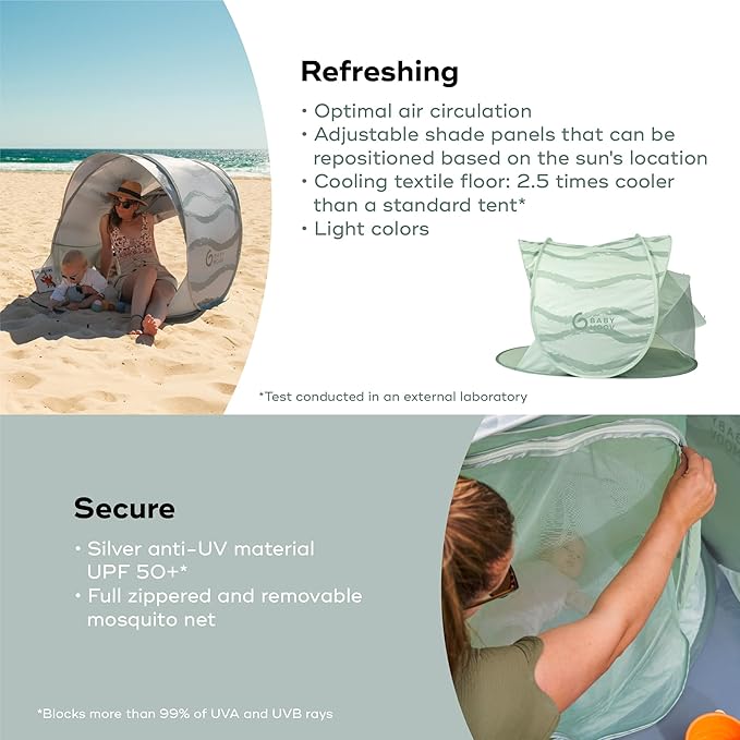 Babymoov Moov & Protect Anti-UV Cooling Beach Tent for Babies with Integrated Mosquito Net, Portable, Green Lagoon (Summer 2025 Edition)