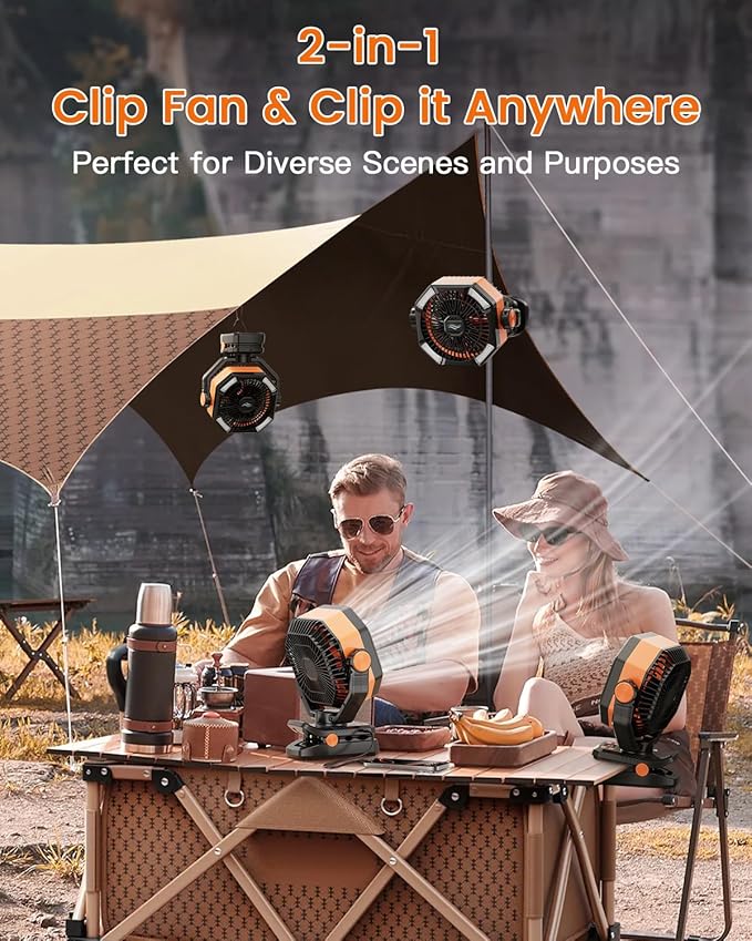 coldSky Camping Fan with Dual Motor, 20000mAh Clip On with Digital Display, 9-Inch Portable Battery Operated with LED Lantern, Tent Fan for Camping with Remote, 5 Speeds, 4 Timing, Outdoor