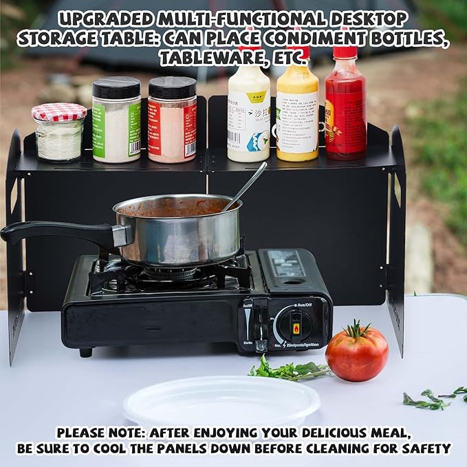 Heavy-Duty Carbon Steel Camp Stove Windscreen with Top Shelf, 4 Panel Folding Wind Shield for Gas Stove, Portable Wind Blocker for Outdoor Camping Cooking