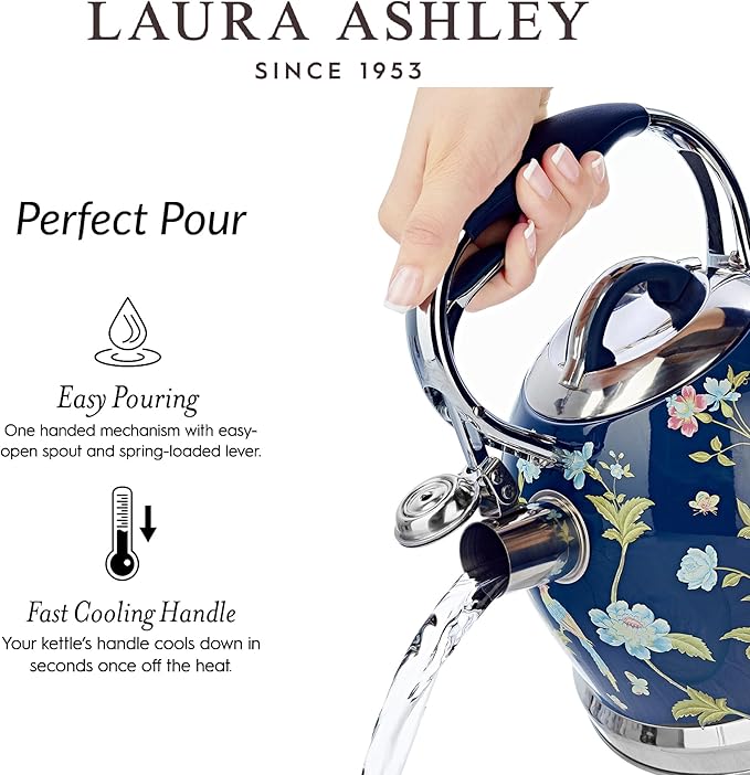 VQ Laura Ashley Elveden Navy 3L Stainless Steel Tea Kettle Stovetop Whistling Teapot for Induction, Gas Hob or others. Silicon Coated Cool Handle & Push Button Mechanism Vintage Stove Top Kettle