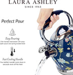 VQ Laura Ashley Elveden Navy 3L Stainless Steel Tea Kettle Stovetop Whistling Teapot for Induction, Gas Hob or others. Silicon Coated Cool Handle & Push Button Mechanism Vintage Stove Top Kettle