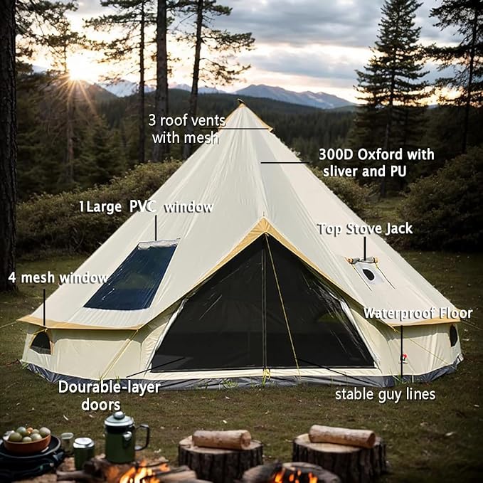 Backpacking Bell Tent with Top Stove Jack for All Year Camping, 300D Oxford Waterproof Yurt Tents for Glamping,Parties,Outdoor Events(Off White,13ft/16.4ft)