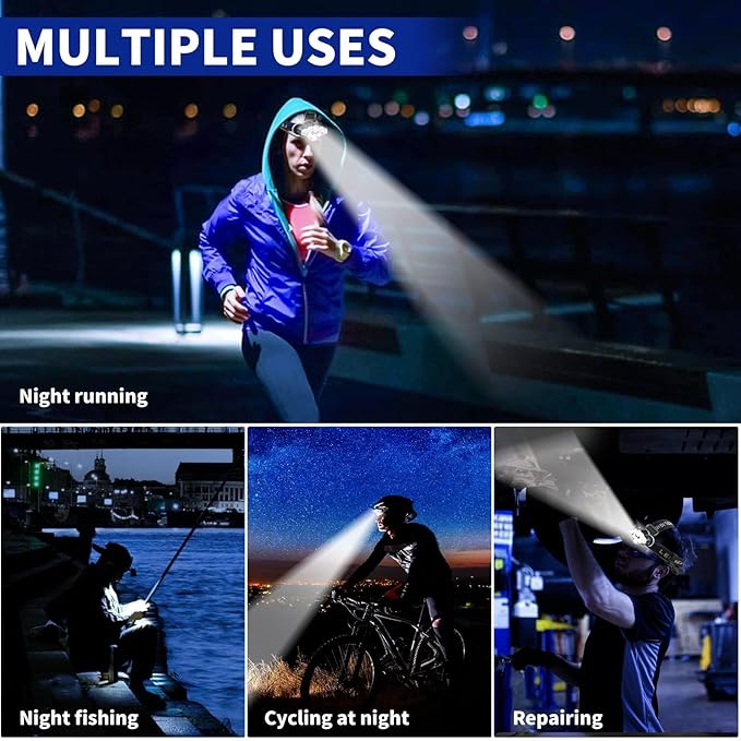 Rechargeable Headlamp, 8 LED 18000lm IPX4, Red Light Flashlight, USB Cable 8 Modes Outdoors Camping Running Fishing Hiking (Blue Headband)