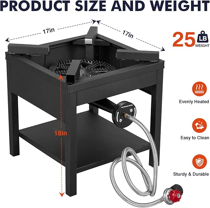 Llamaviva Single Propane Burner 260K BTU, Heavy-Duty Gas Camping Stove, Outdoor Burner with Adjustable 0-30Psi Regulator and Steel Braided Hose