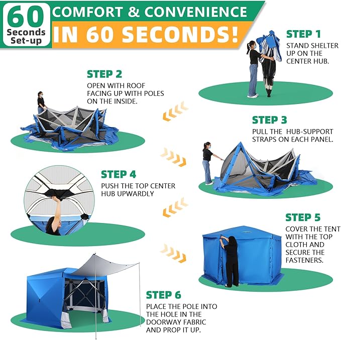 COBIZI Pop Up Gazebo Starry Sky Screen Tent Screen House with a mesh top for Camping, 12x12 Screen Room with Mosquito Netting, Hub Tent Instant Screened Canopy with Carrying Bag, Blue
