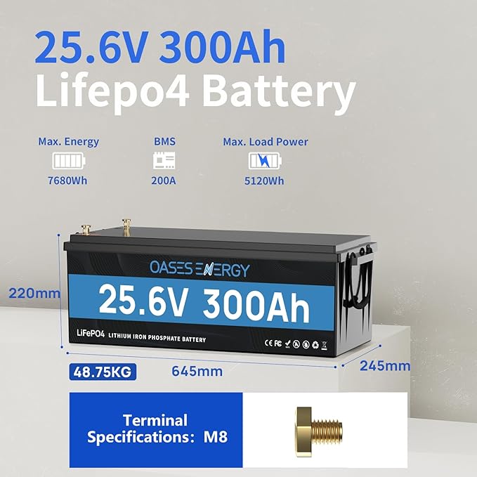 24V 300Ah LiFePO4 Lithium Battery with Bluetooth, 200A BMS, Deep Cycles 300Ah LiFePO4 Battery, 7680Wh Energy for Off-Grid, Solar, RV, Camper, Trolling Motor, Marine, Boats