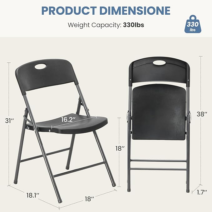 DUMOS 4 Pack Folding Chairs Heavy Duty with Ergonomic Back - Plastic Stackable Portable Dining Chiars Set, for Home and Office, Conference, Wedding, Party, Patio, Garden, for Indoor Outdoor, Black
