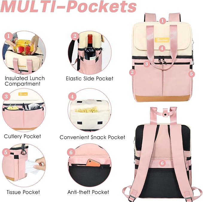 Backpack Cooler with Double Decker & 12 Ice Packs- Keeps 36 Cans Cold for Up to 24 Hours- Waterproof & Leak Proof Insulated Cooler Backpack- Stylish Cooler Bookbag for Women Travel Work Beach