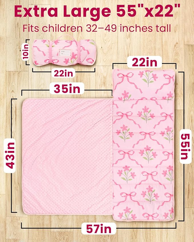 Toddler Nap Mat with Pillow and Minky Blanket, Large 55"x35" Sleeping Bag, Washable, Lightweight, Easy to Roll, Perfect for Preschool, Daycare, Kindergarten, Travel, Boys and Girls-Bow