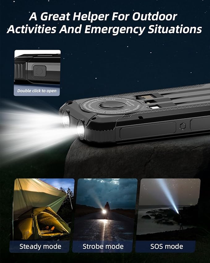 Solar Power Bank 20000mAh, 15W Wireless Fast Charger with 3 Built-in Cables, USB-C Output Portable Battery Pack, Dual Flashlights Power Bank for iPhone 17 16 15 14, Samsung Galaxy, Camping