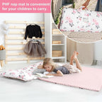PHF Toddler Nap Mat with Removable Pillow and Minky Fleece Blanket, Rollup Design Warm Slumber Bags for Girls, 52"x20"x2" Kids Sleeping Bag for Daycare Preschool Travel Camping, Floral
