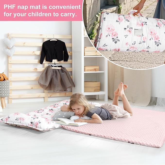 PHF Toddler Nap Mat with Removable Pillow and Minky Fleece Blanket, Rollup Design Warm Slumber Bags for Girls, 52"x20"x2" Kids Sleeping Bag for Daycare Preschool Travel Camping, Floral
