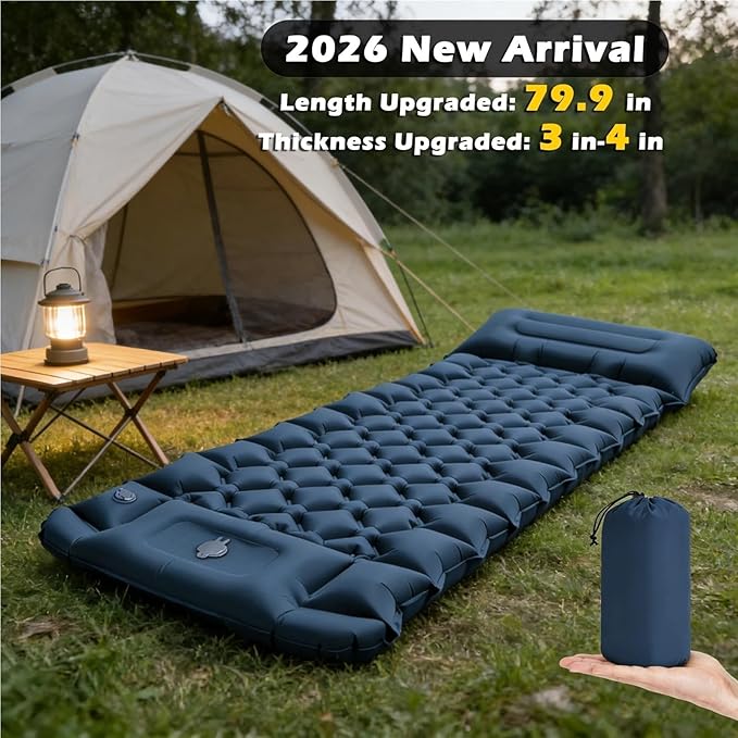 2026 Thicken Inflatable Camping Sleeping Pad with Pillow - Built-in Foot Pump Moisture-Proof Tent Mattress Bed(T2366Dark Blue)