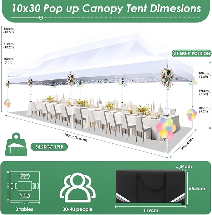 COBIZI Canopy Tent 10x30 Pop Up Canopy with 8 Removable Sidewalls Party Tents for Parties Wedding Patio Commercial Waterproof and UV50+ Ez Outdoor Instant Gazebo with Roller Bag & 4 Sandbags（White