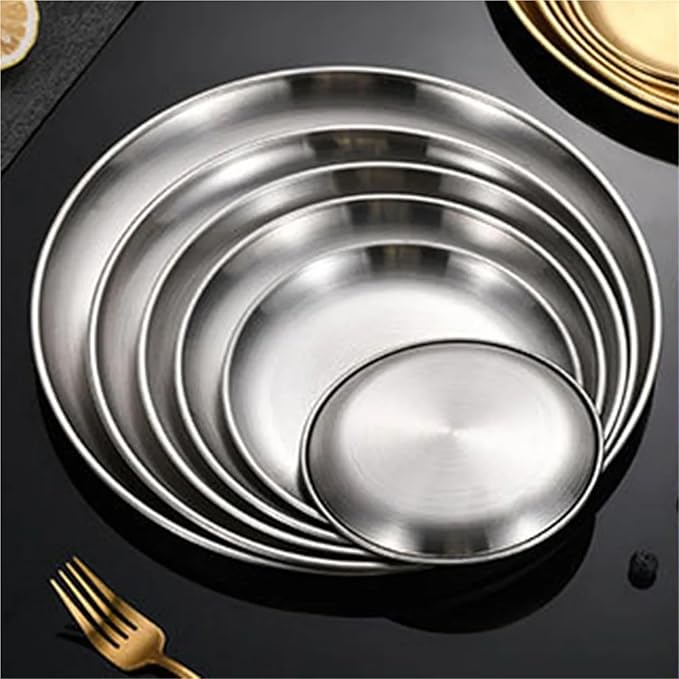 Stainless Steel Plates 8Pcs Metal Dining Dish Stainless Steel Round Plate Shallow Tray BBQ Picnic Camping Food Container Tableware Set(23cm Silver)