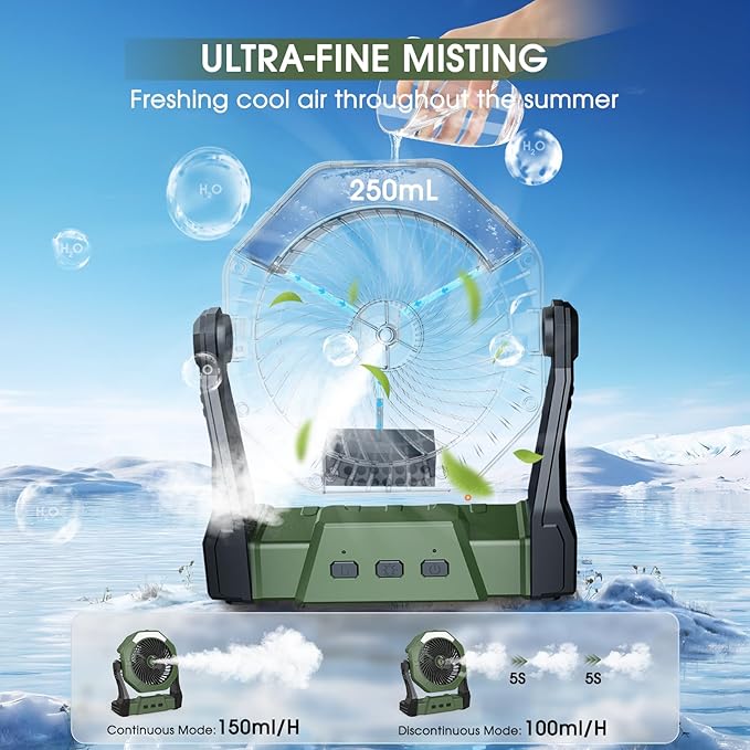 Ausic Portable Misting Fan for Outdoor Cooling, [24-90Hrs] Battery Powered Mist Fans with Water Misters & LED Lantern, 8-Inch, 250mL Tank, for Patios, Home, Outside, Camping, Outdoor&Indoor Use