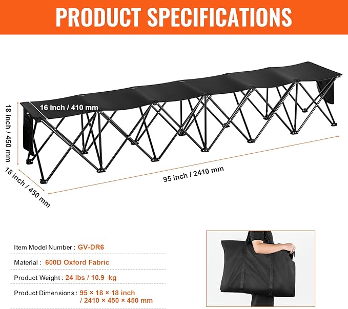VEVOR Portable Folding Bench, 6 Seats Foldable Sideline Bench, Outdoor Camping Bench Chairs with Carry Bag, Team Sport Sideline Benches for Football, Camping, Fishing, No Assembly Instant Seating