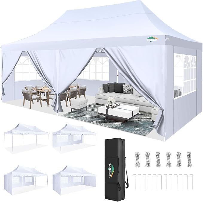 COBIZI 10x20 Pop Up Canopy with 6 Sidewall, Commercial Canopy UPF 50+ Waterproof Outdoor Gazebo with Carry Bag, Tents for Parties with Upgrade Frame, 3 Height Adjustable, White