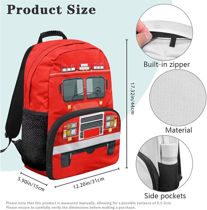 Backpack for Boys with Lunch Box Fire Engine Elementary School Backpack for Boys Large Capacity 4-in-1 Set for Primary Kids Casual Daypack Tote Bags