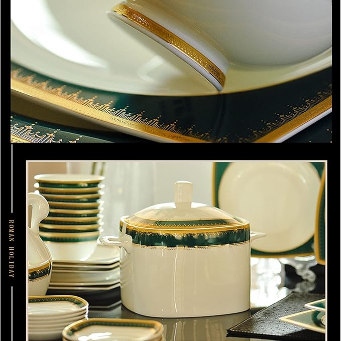 Square Stoneware Tableware Set 58-Piece Phnom Penh Bone China Porcelain Tableware Set, Service for 6-10, Green