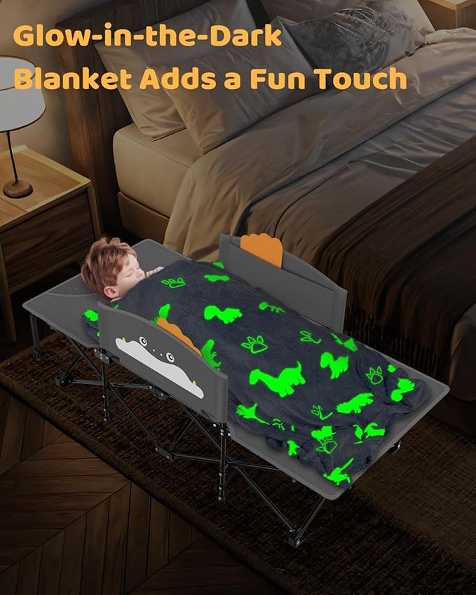 ZENPETIO Kids Camping Cot, Foldable Toddler Bed with Safety Rails & Glow-in-The-Dark Blanket, Sturdy Portable Design for Travel, Indoor Outdoor Cot for Toddlers Kids