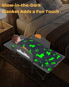 ZENPETIO Kids Camping Cot, Foldable Toddler Bed with Safety Rails & Glow-in-The-Dark Blanket, Sturdy Portable Design for Travel, Indoor Outdoor Cot for Toddlers Kids