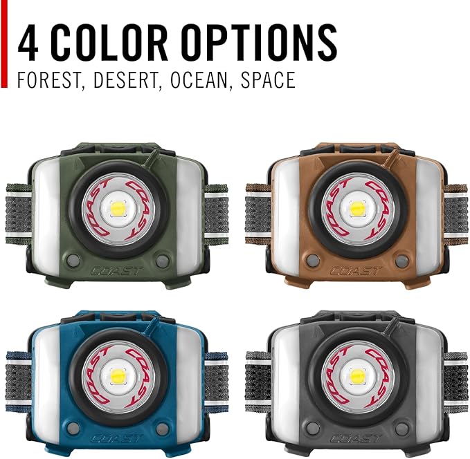 Coast FL97R Voice-Controlled 1200 Lumen Rechargeable LED Headlamp with Pure Beam® Spot & Flood, ARC Lighting, Red & Green Color Modes, Glide Focus™ Radial Arm Dial and USB-C Charge Port, Ocean Blue