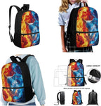 Fire and Wolf Pattern 3 PCS Backpack with Portable Lunch Box and Sturdy Pencil Case, School 3 Set Boys School Book Bag for Travelling Camping Picnic Activities