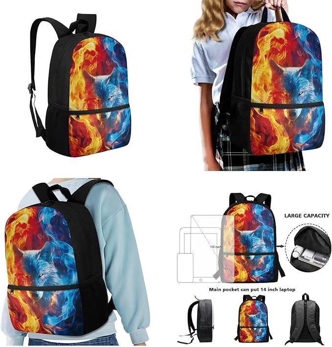 Fire and Wolf Pattern 3 PCS Backpack with Portable Lunch Box and Sturdy Pencil Case, School 3 Set Boys School Book Bag for Travelling Camping Picnic Activities