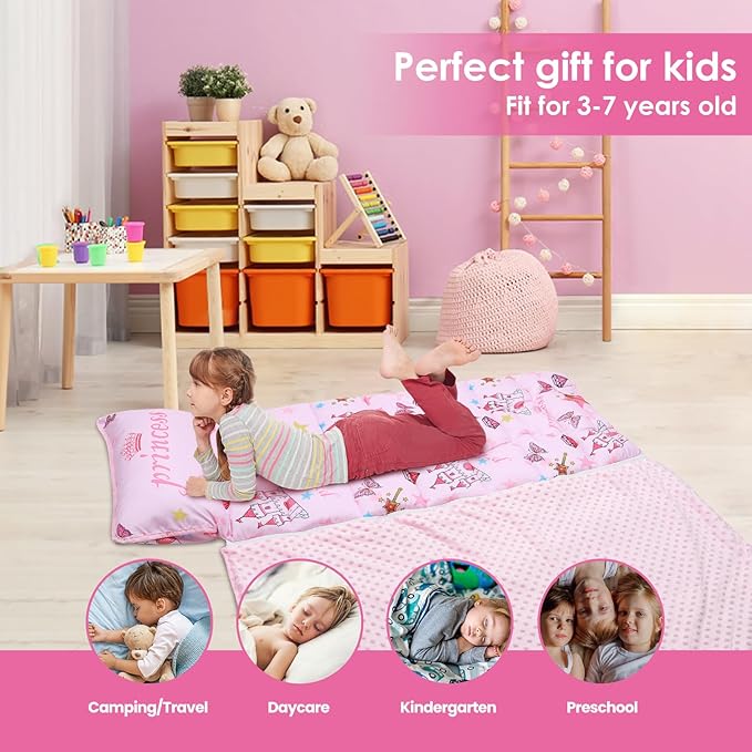 Kids Nap Mat Portable Slumber Bags with Removable Pillow and Blanket for Girls Boys, Lightweight Extra Large Sleeping Bag for Preschool Camping Daycare