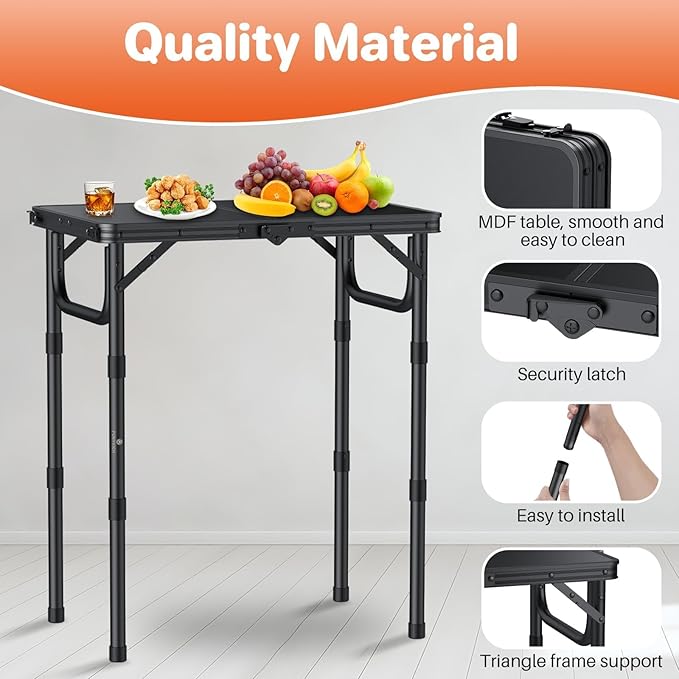 FUNYKICH 2ft Small Folding Camping Table(22.8'' Lx15.7'' W), 3 Height Adjustable Portable Picnic Table, Lightweight Aluminum Outdoor Table with Carry Handle for Camping, BBQ, Beach, Picnic, Black