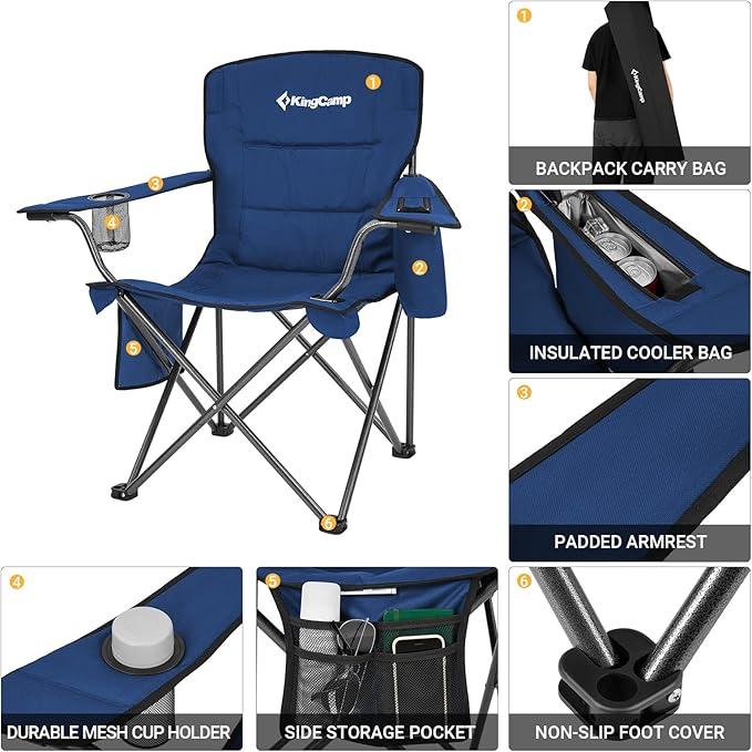 KingCamp Oversized Folding Camping Chair for Adults Portable Outdoor Lawn Chair Heavy Duty with Cooler, Cup Holder, Side Pocket, Carry Bag, Support 300lbs