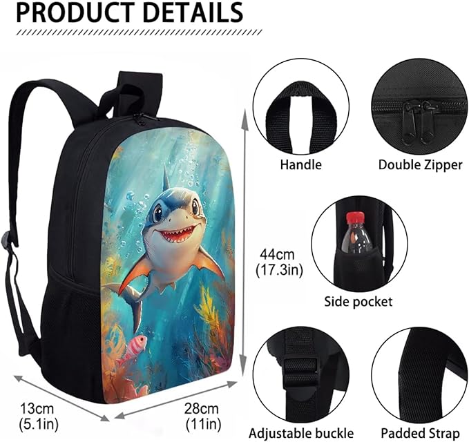 Backpack and Lunch Box Set Boys Shark Backpack 3 Piece Lightweight Backpacks Travel Bookbag for Kids Mochilas Escolares Para Niños Kindergarten Elementary Middle with Wrist Strap Keychain