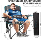 FUNDANGO Oversized Camping Chair for Adults,550lbs Heavy Duty Foldable Portable Lawn Chair with Padded Seat & Back, 4-can Cooler & Cup Holder, Carry Bag Included for Outdoor (Black/Grey)