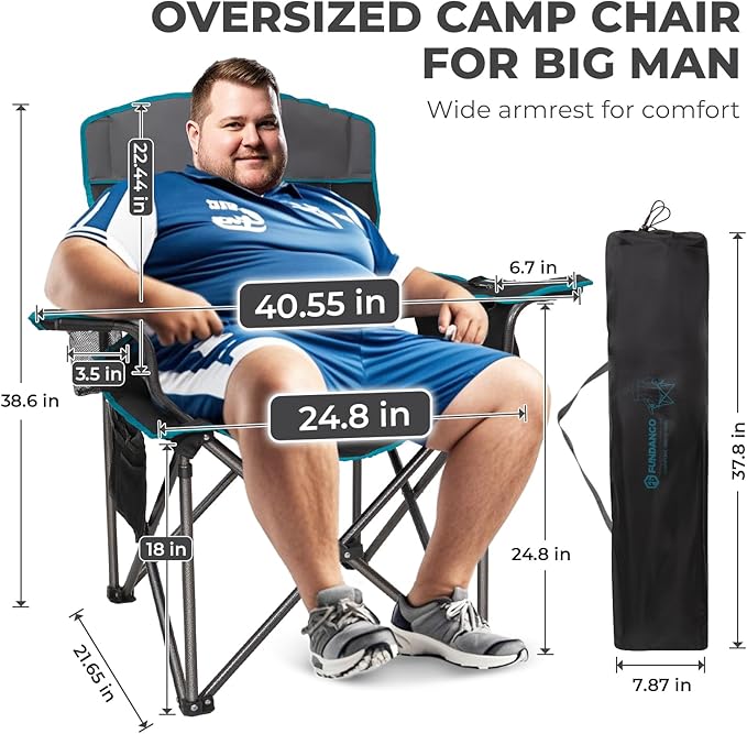 FUNDANGO Oversized Camping Chair for Adults,550lbs Heavy Duty Foldable Portable Lawn Chair with Padded Seat & Back, 4-can Cooler & Cup Holder, Carry Bag Included for Outdoor (Black/Grey)