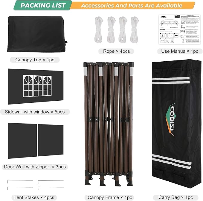 COBIZI 10x30 Heavy Duty pop up Canopy, Commercial10x30 Party Tent for Parties Waterproof Gazebos with 8 Sidewalls, All Season Wind & Waterproof UPF50+,Stable Thickened Frame, Black