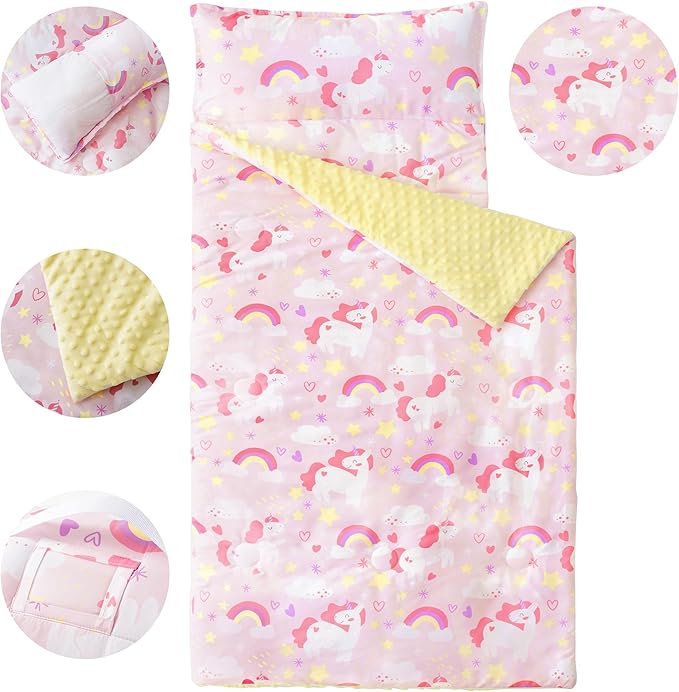 Bunnikins & Clover Toddler Nap Mat with Removable Pillow, Nap Mats for Preschool, Easy Clean Toddler Nap Pad for Kindergarten, Kids Sleeping Bag for Travel Camping