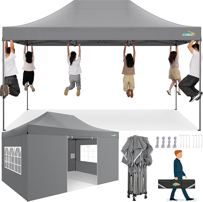 COBIZI 10x15 Heavy Duty Pop up Canopy Tent with 4 sidewalls, Commercial Outdoor Tents for Parties,Backyard Event, Wedding, All Season Waterproof Event Shelter with Carry Bag, Gray(Frame Thickened)