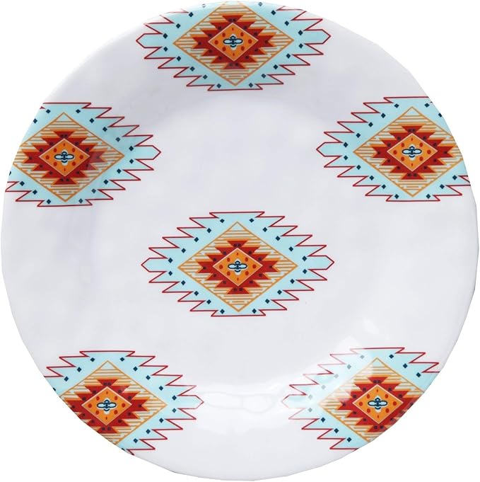 Paseo Road Southwest 14 Piece Melamine Plastic Dinnerware Set with Plates, Bowls and Serving Platter, Aztec Geometric Pattern, Western Southwestern Rustic Cabin Lodge Style