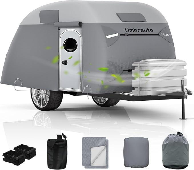 Umbrauto Teardrop Travel Trailer Cover Fits 10'-12' Trailers, 7 Layers Top Heavy Duty Waterproof Camper Cover with Windproof Strap for R-Pod Trailers, Clamshell Trailers