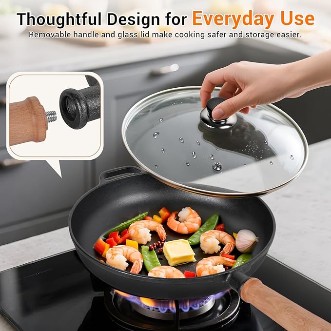 8.7" Cast Iron Skillet with Lid & Removable Wooden Handle, Pre-Seasoned Frying Pan for Stove, Oven, Grill & Campfire Cooking