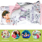 Custom Toddler Nap Mat for Preschool, Personalized Name Purple Flower Elephant Kids Sleeping Bag for Daycare, Roll Up Sleeping Mat with Removable Pillow and Soft Dot Minky Blanke for Girls Camping