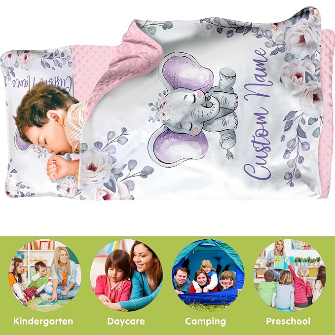 Custom Toddler Nap Mat for Preschool, Personalized Name Purple Flower Elephant Kids Sleeping Bag for Daycare, Roll Up Sleeping Mat with Removable Pillow and Soft Dot Minky Blanke for Girls Camping