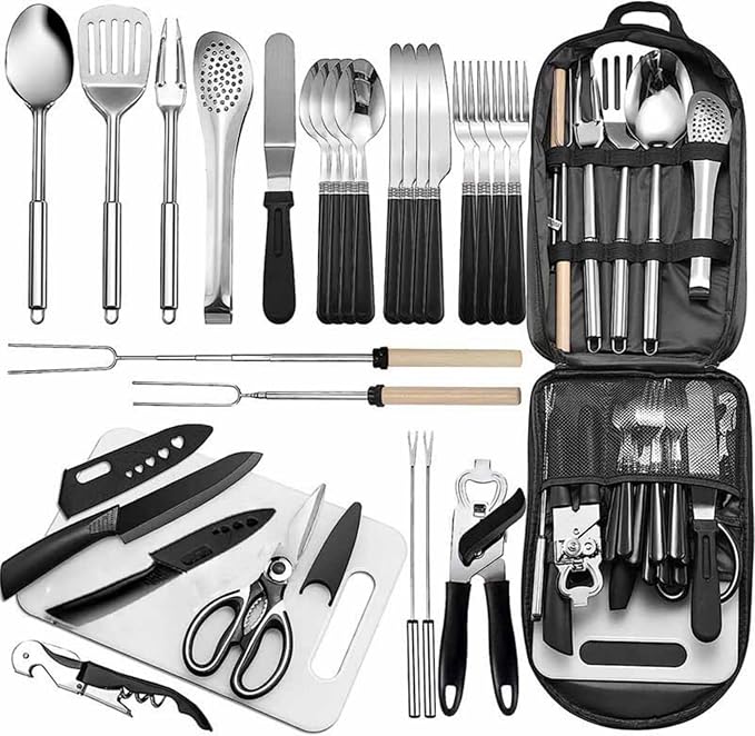 27-Piece Backpack Camping cookware Set, Portable Camping kitchenware Set for Barbecue, Outdoor Cooking, Picnic and Adventure Camping cookware Storage
