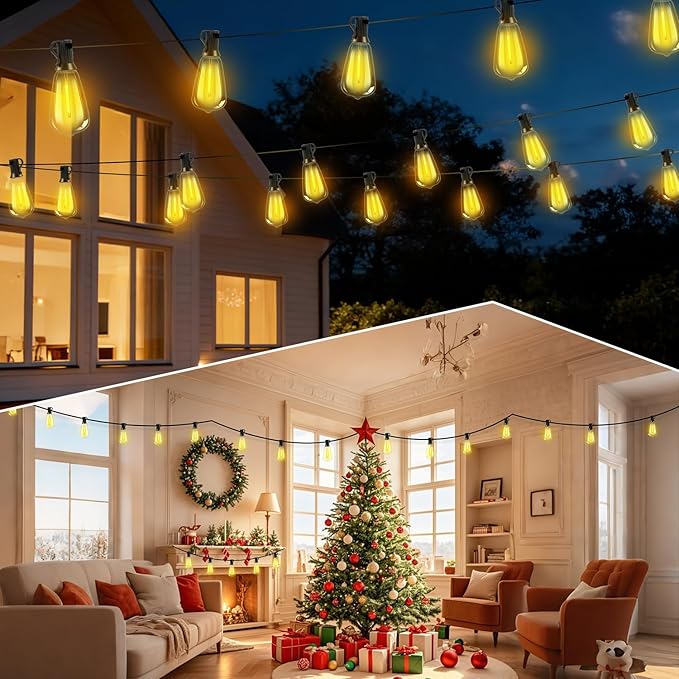 Outdoor Solar String Lights Waterproof: ST38 50ft Shatterproof Patio Lights - Solar Powered & USB Dual Charging - 3 Modes Button Control - Garden Backyard Gazebo Porch Party Decor