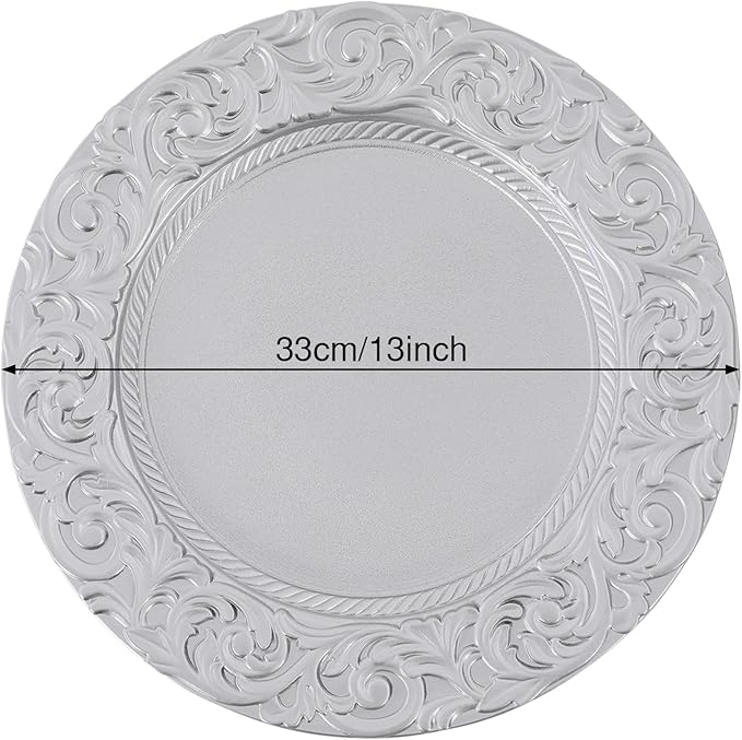 50 Pcs Silver Charger Plates Bulk, 13" Round Plastic Embossed Charger Plates, Decorative Table Dinner Chargers for Thanksgiving, Halloween, Wedding, Party, Christmas, Decor (Silver)